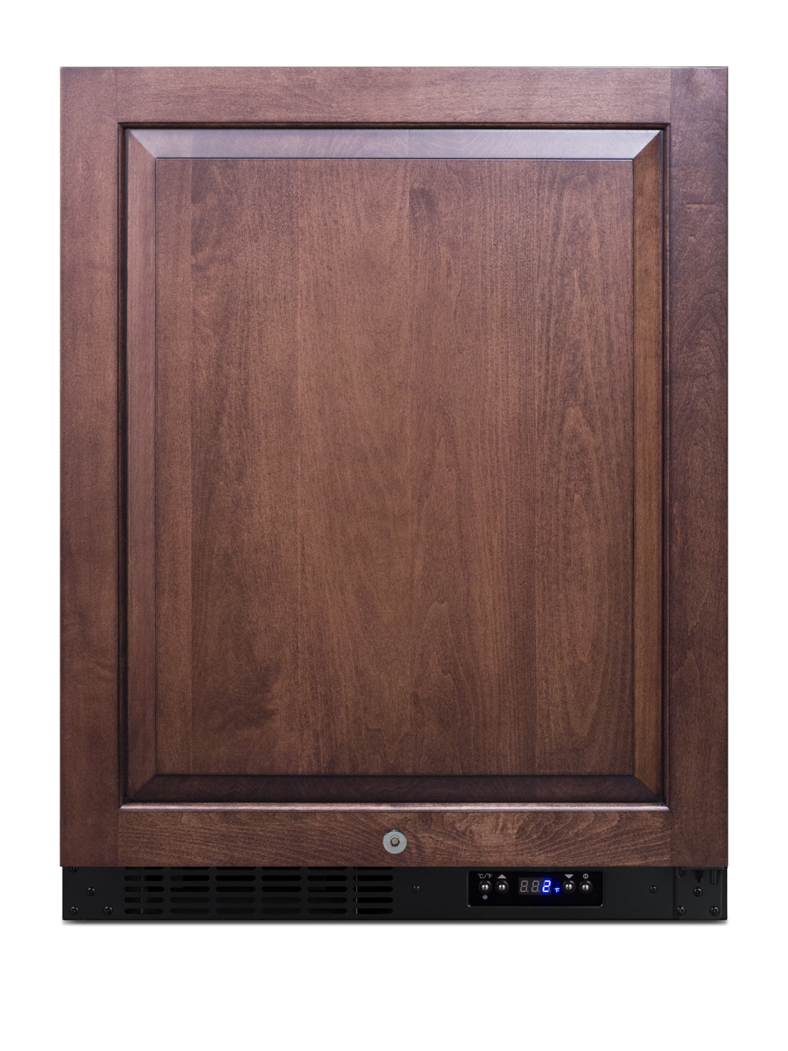 Built-in undercounter ADA compliant frost-free all-freezer with panel-ready door, black cabinet, door storage, lock, and digital controls